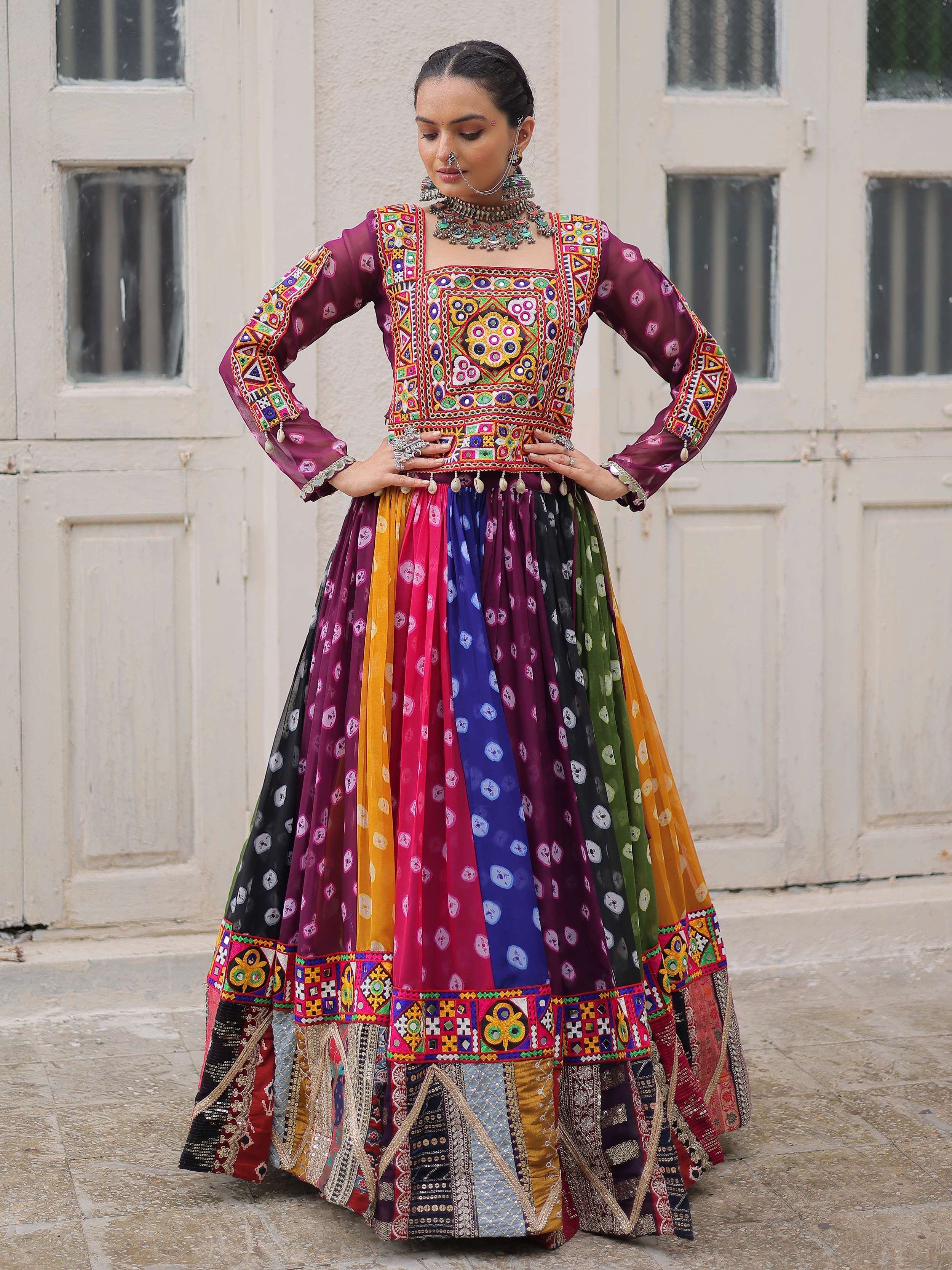 Timeless Multi-Color Georgette Printed Navratri Wear Crop Top Lehenga