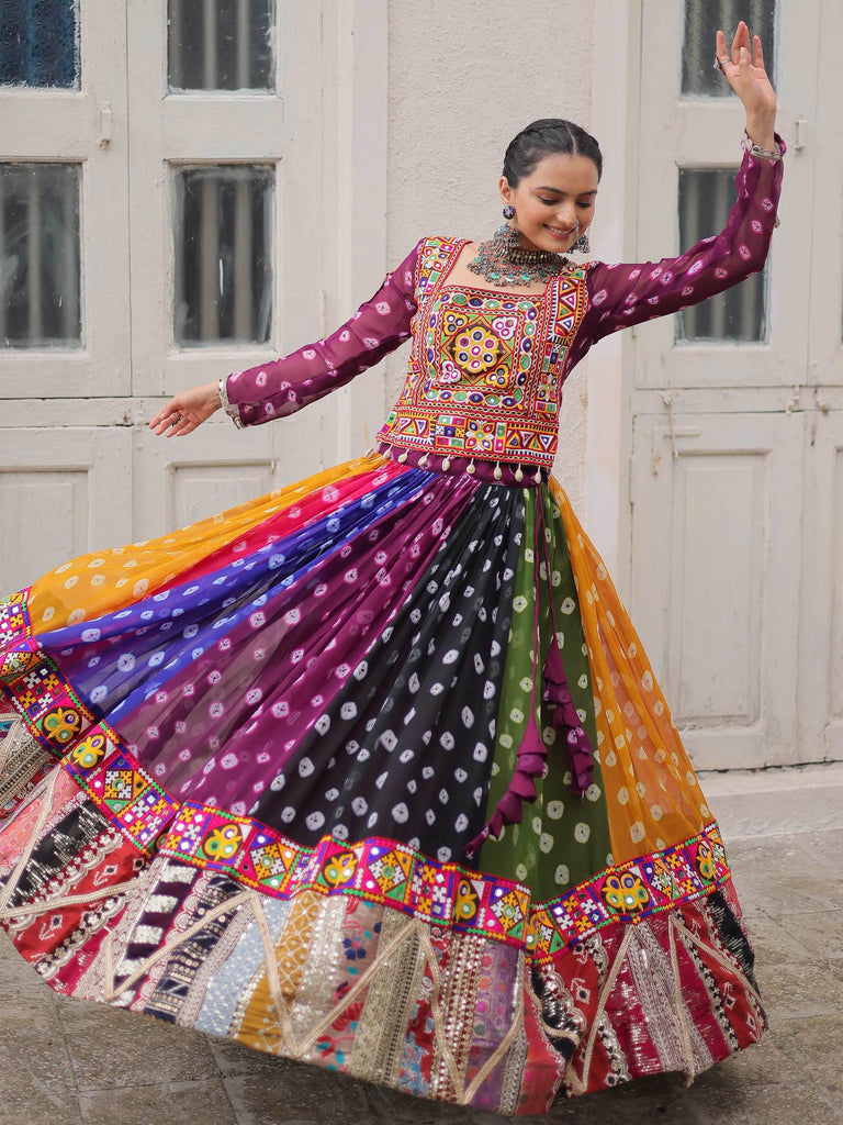 Timeless Multi-Color Georgette Printed Navratri Wear Crop Top Lehenga