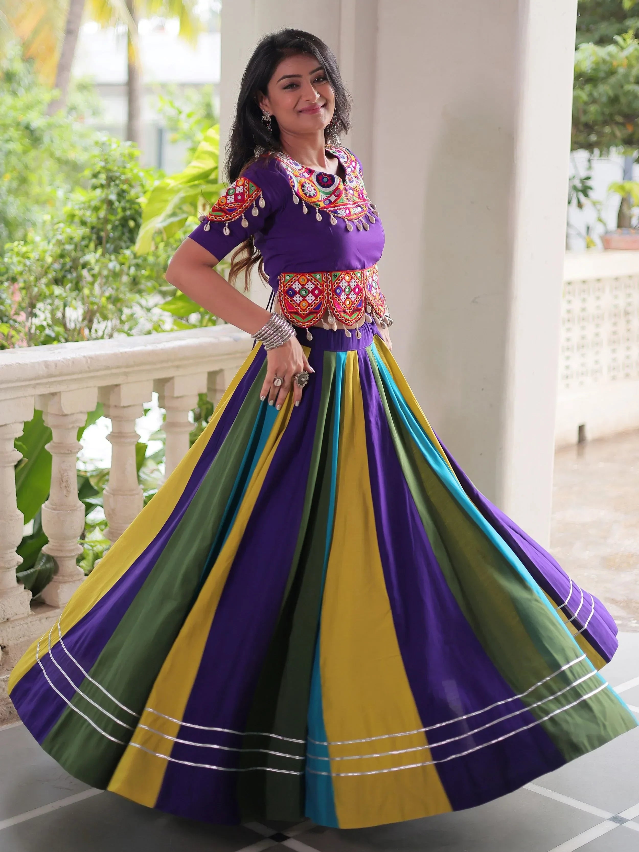Graceful Multi-Color Silk Gamthi Work Navratri Wear Crop Top Lehenga