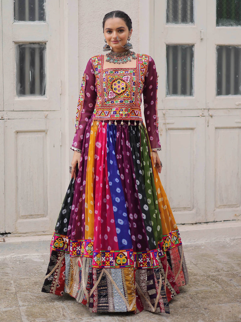 Timeless Multi-Color Georgette Printed Navratri Wear Crop Top Lehenga