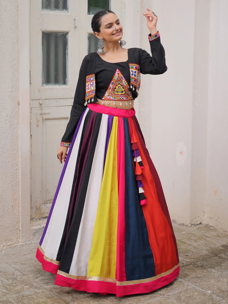 Tantalizing Multi-Color Silk Navratri Wear Lehenga Choli With Koti