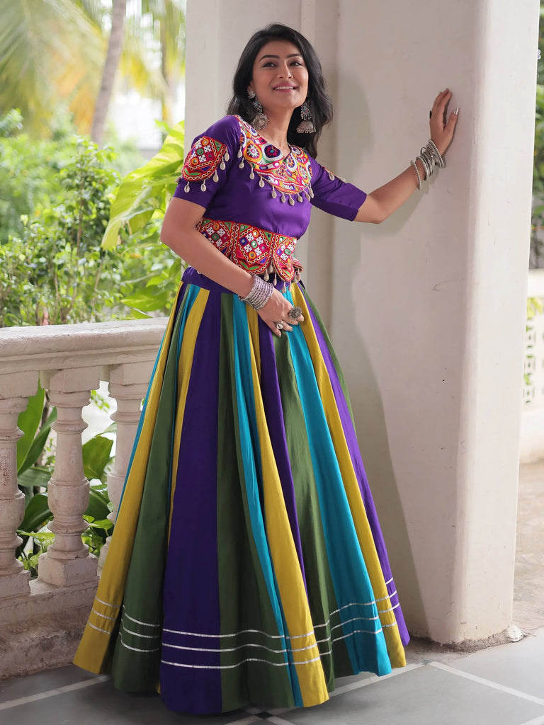 Graceful Multi-Color Silk Gamthi Work Navratri Wear Crop Top Lehenga