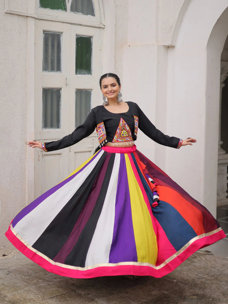 Tantalizing Multi-Color Silk Navratri Wear Lehenga Choli With Koti