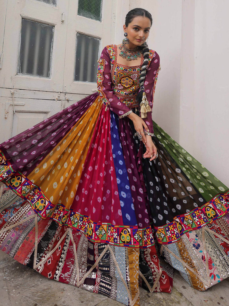 Timeless Multi-Color Georgette Printed Navratri Wear Crop Top Lehenga