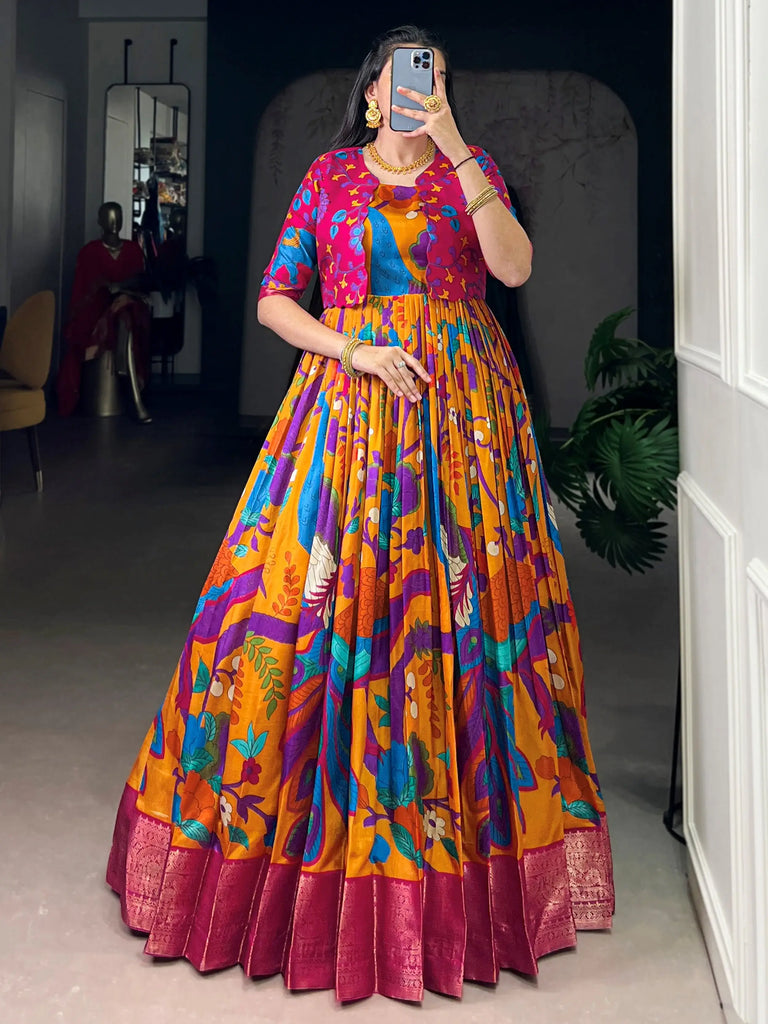 Wonderful Mustard Kalamkari Printed Silk Wedding Wear Gown With Koti