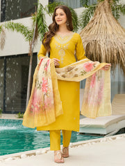 Artistic Yellow Viscose Sequins Haldi Wear Suit With Printed Dupatta