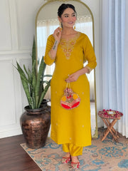 Beautiful Yellow Rayon Embroidered Festival Wear Straight Suit