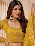 Beautiful Mustard Yellow Net Function Wear Lehenga Choli With Dupatta