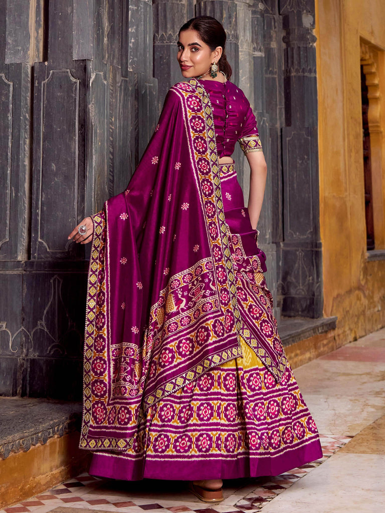 Tantalizing Mustard Yellow Ikkat Printed Silk Lehenga Choli