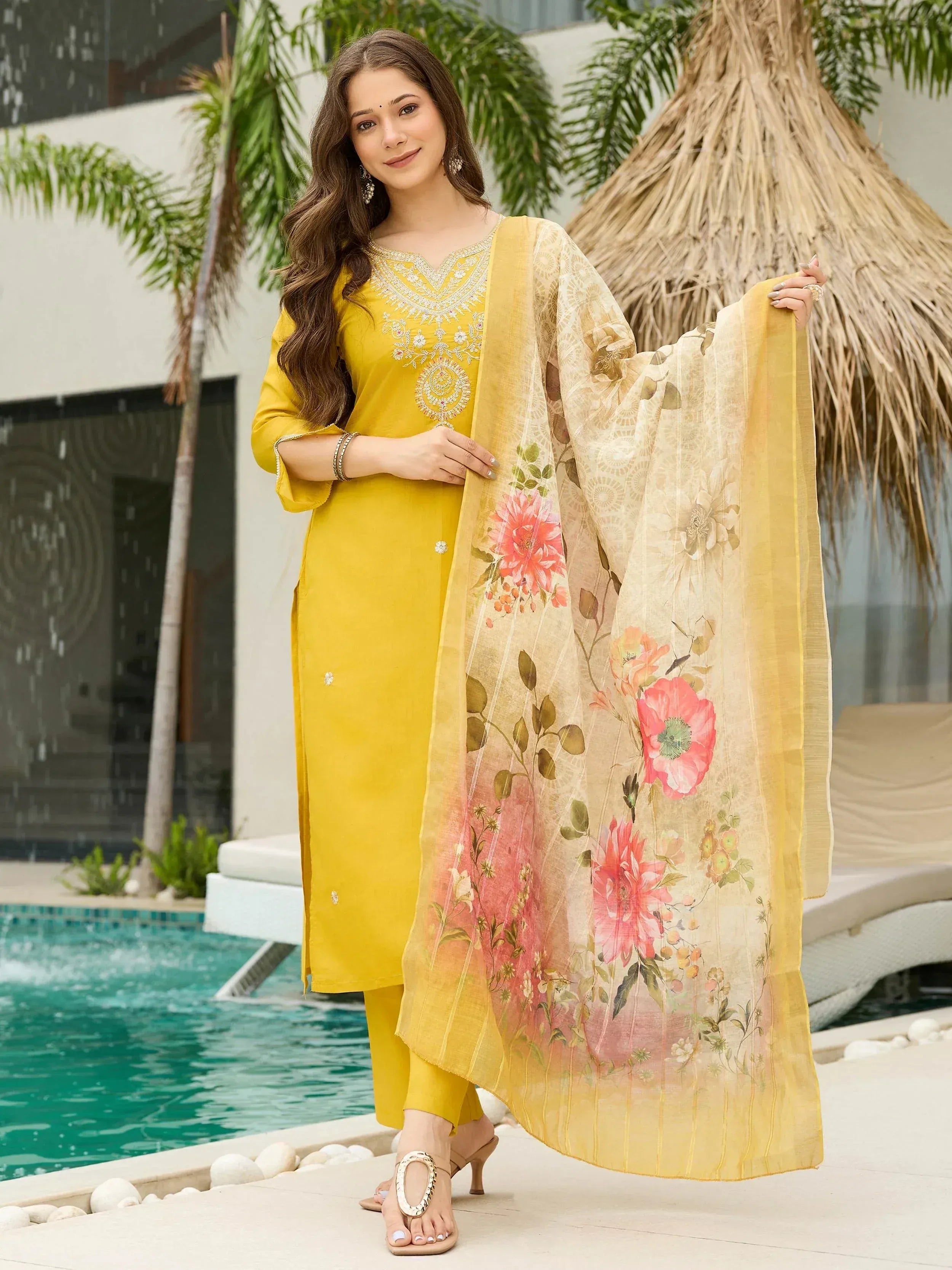 Yellow embroidered salwar kameez with floral dupatta, poolside ethnic wear