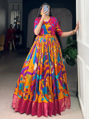 Wonderful Mustard Kalamkari Printed Silk Wedding Wear Gown With Koti
