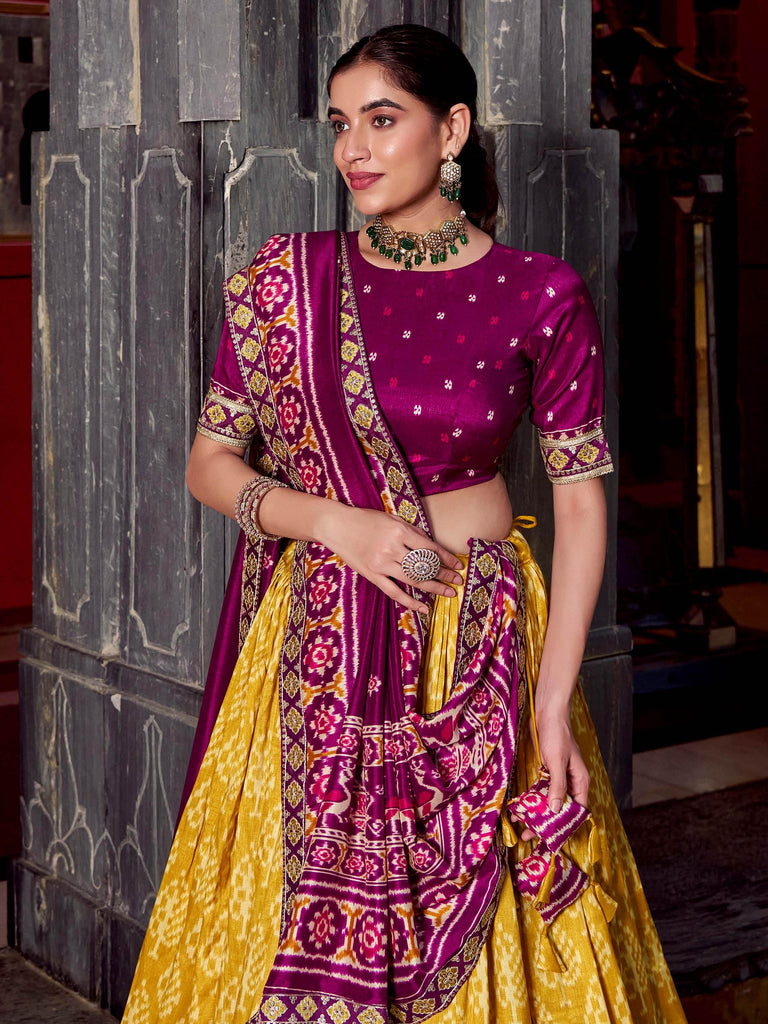Tantalizing Mustard Yellow Ikkat Printed Silk Lehenga Choli