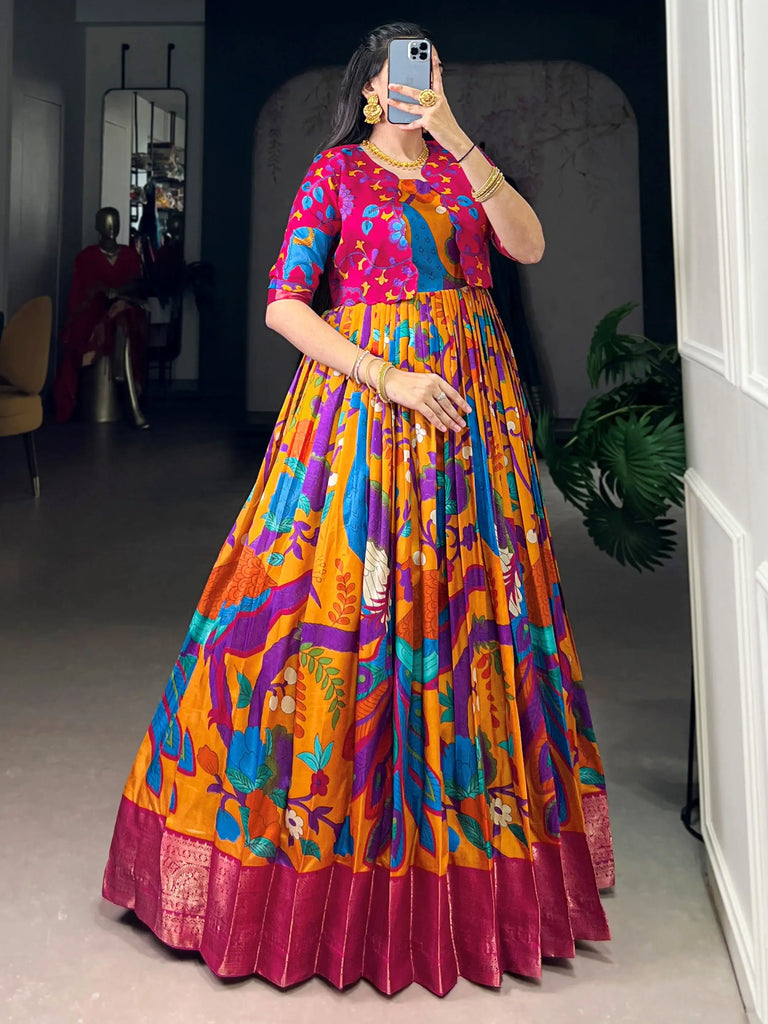 Wonderful Mustard Kalamkari Printed Silk Wedding Wear Gown With Koti