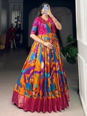 Wonderful Mustard Kalamkari Printed Silk Wedding Wear Gown With Koti