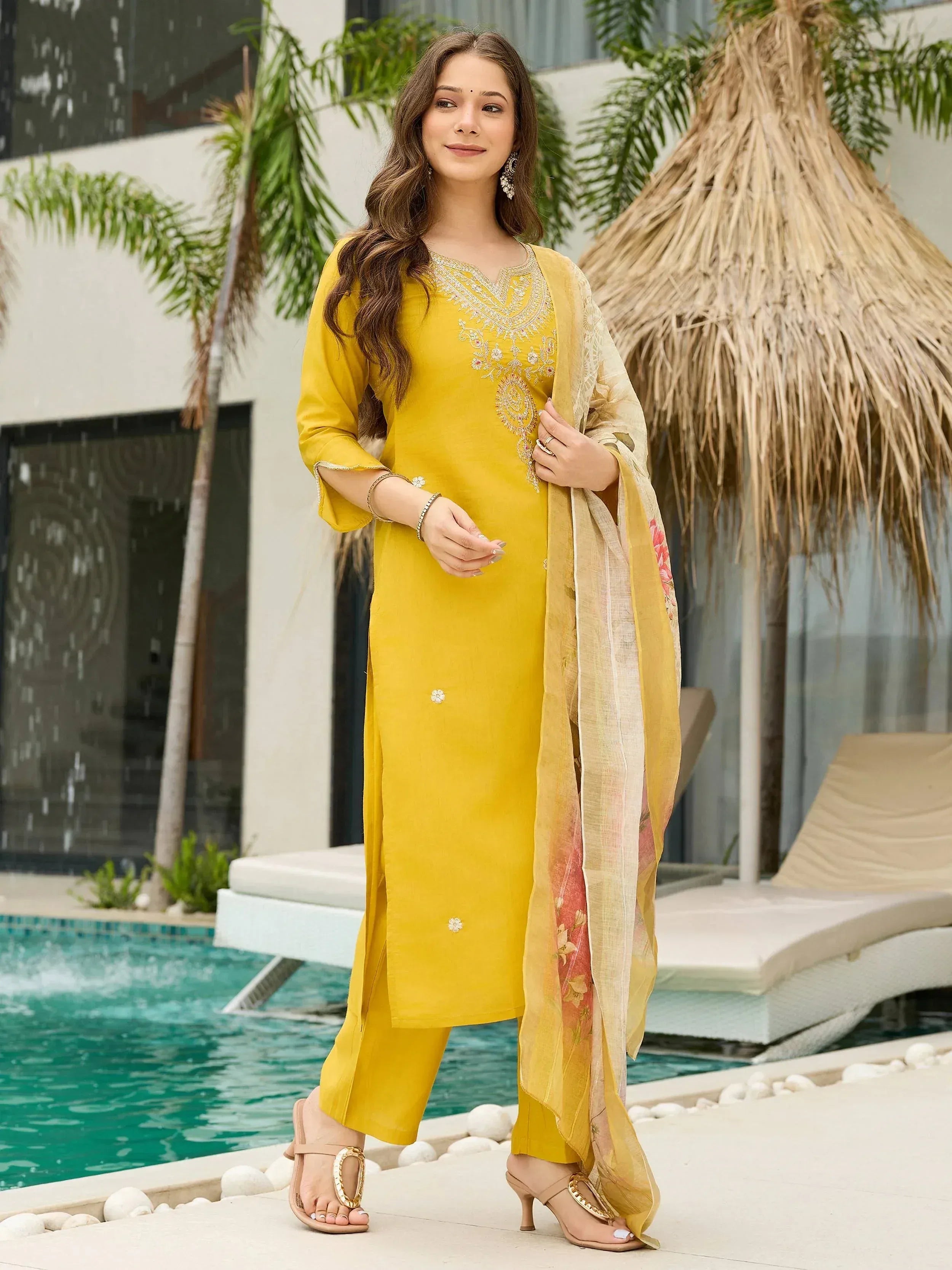 Yellow embroidered salwar kameez with floral dupatta, poolside ethnic wear for women