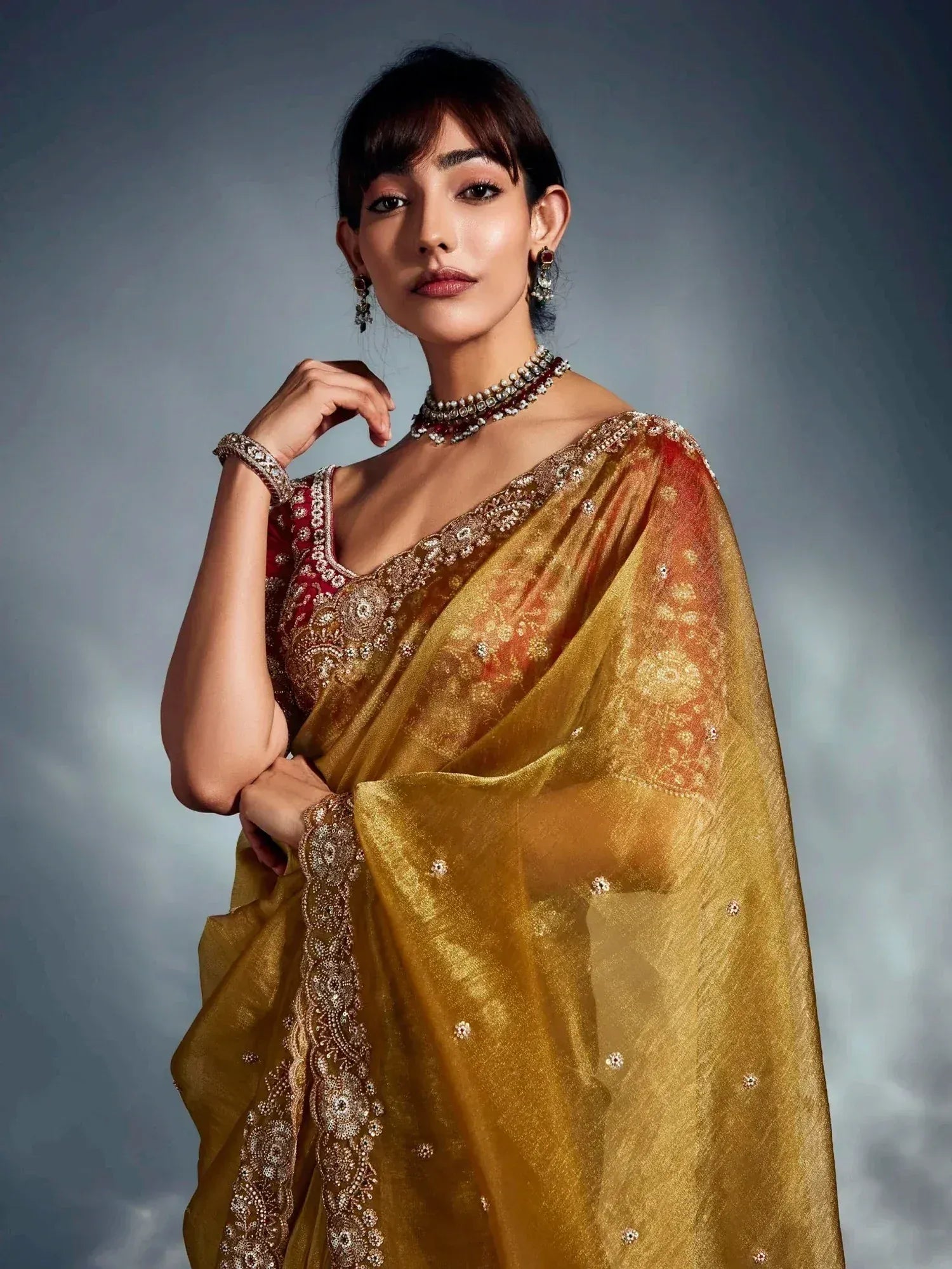 Elegant woman in golden embroidered saree with red blouse, traditional Indian ethnic wear