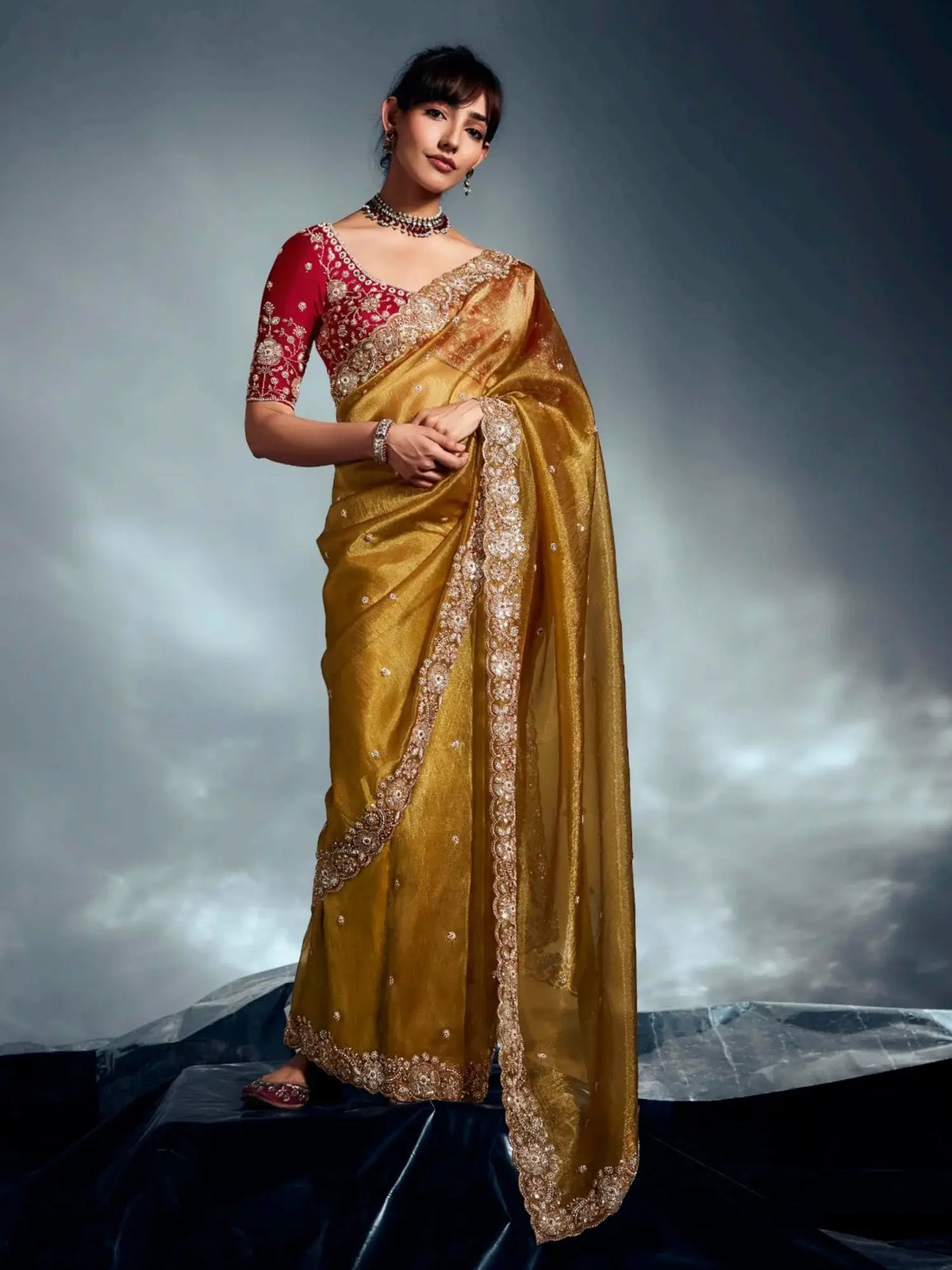 Fascinating Mustard Yellow Organza Border Work Haldi Wear Saree