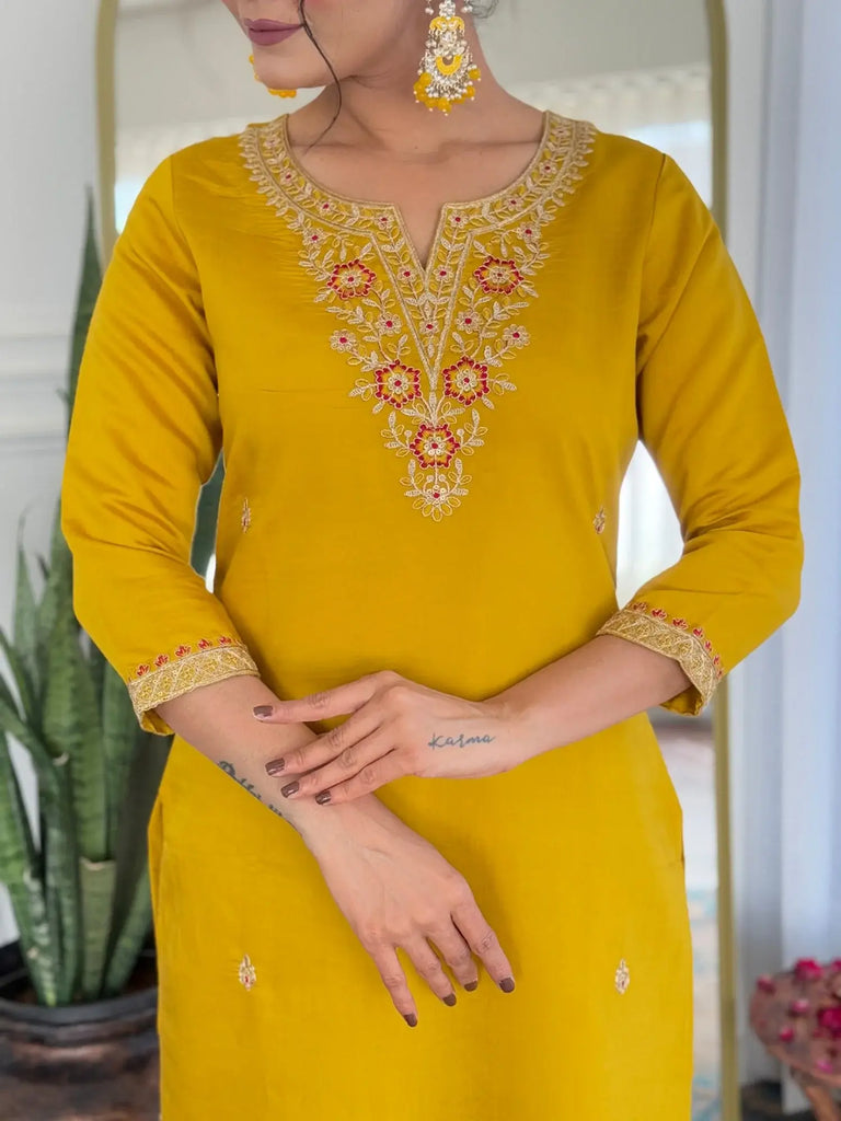 Beautiful Yellow Rayon Embroidered Festival Wear Straight Suit