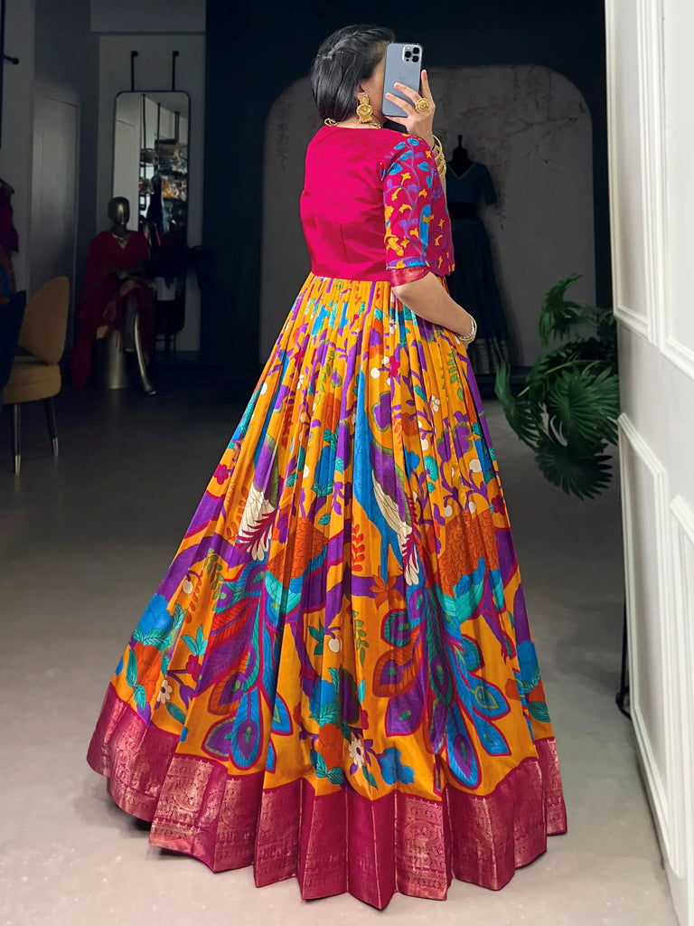 Wonderful Mustard Kalamkari Printed Silk Wedding Wear Gown With Koti