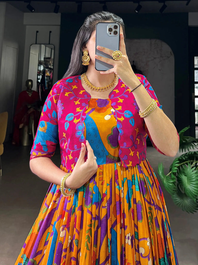 Wonderful Mustard Kalamkari Printed Silk Wedding Wear Gown With Koti