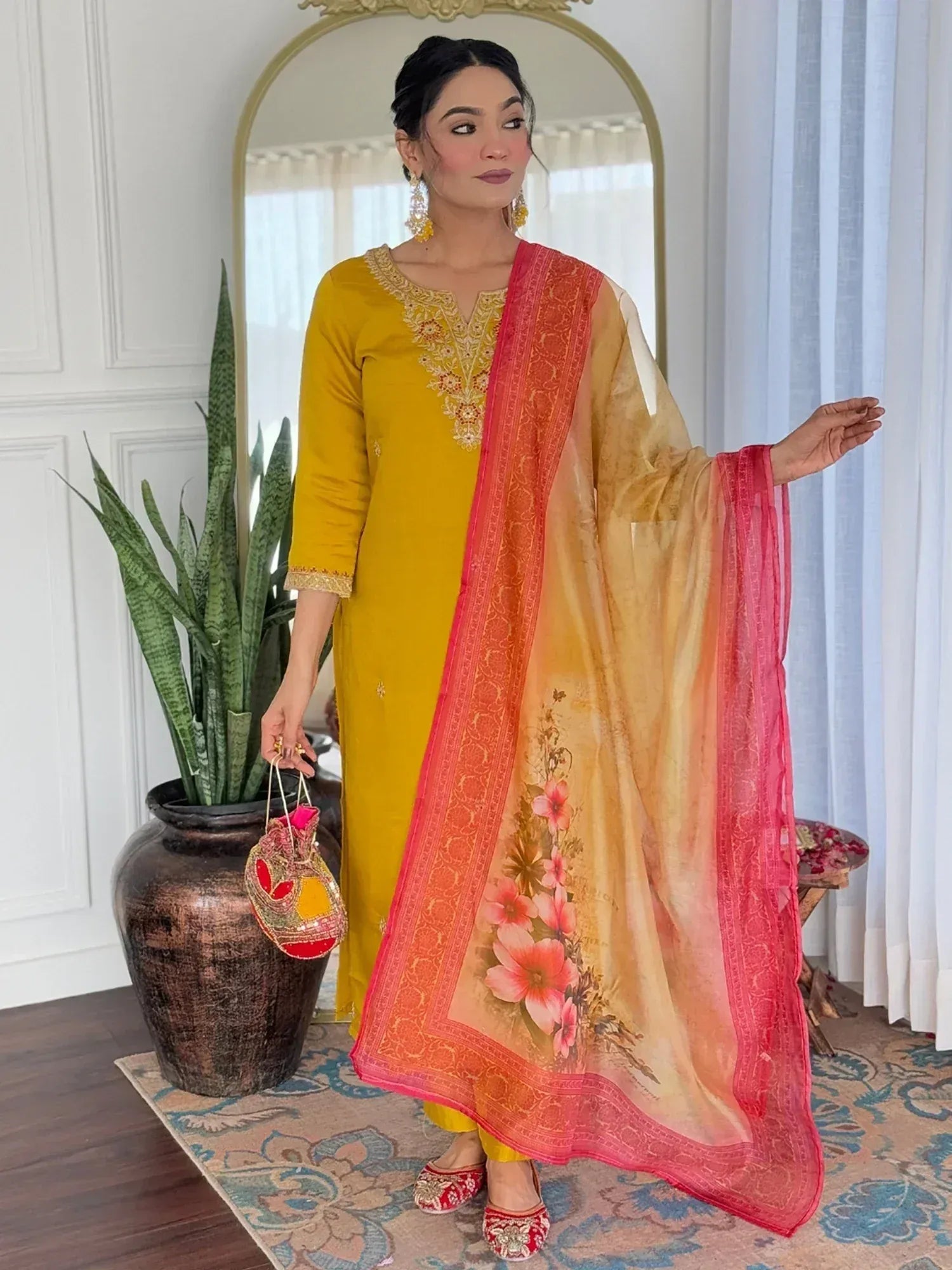 Yellow embroidered salwar kameez with floral dupatta, Indian ethnic wear for women