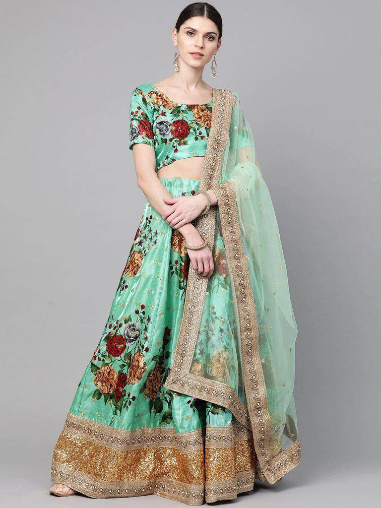 Green Floral Semi-Stitched Myntra Lehenga & Unstitched Blouse with Dupatta