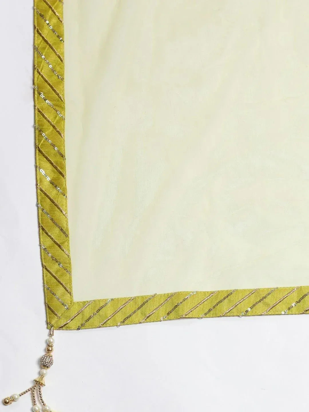 Yellow ethnic dupatta with sequin border and pearl tassel detail for saree or salwar kameez
