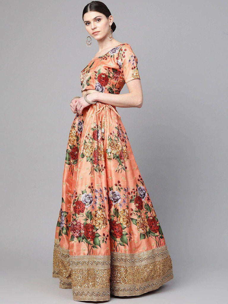 Peach-Coloured & Pink Printed Semi-Stitched Myntra Lehenga & Unstitched Blouse with Dupatta
