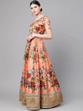 Peach-Coloured & Pink Printed Semi-Stitched Myntra Lehenga & Unstitched Blouse with Dupatta