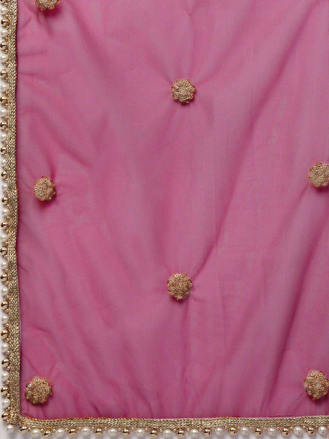 Pink ethnic wear with gold floral embroidery and pearl border detailing
