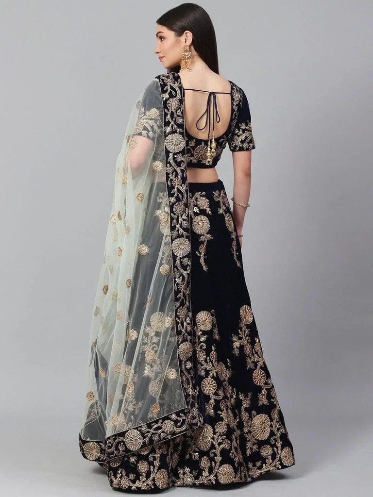 Navy Blue & Golden Semi-Stitched Myntra Lehenga with Unstitched Choli