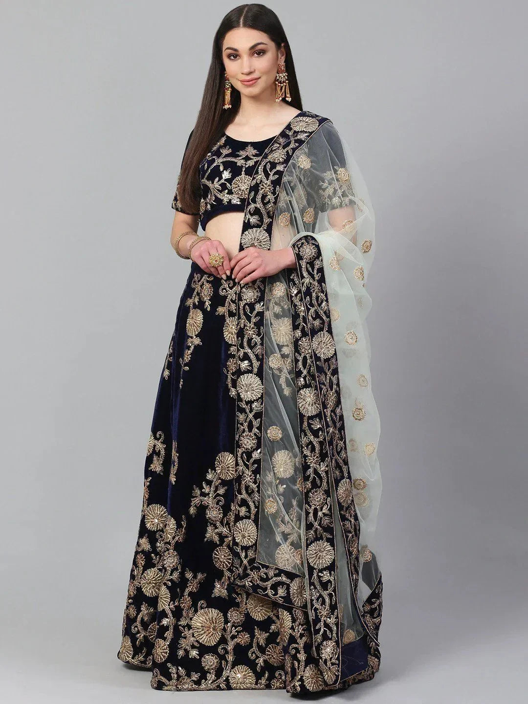 Navy Blue & Golden Semi-Stitched Myntra Lehenga with Unstitched Choli