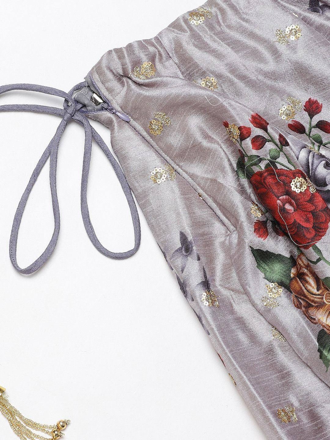 Grey floral ethnic gown with gold sequins and tie-up neckline detail