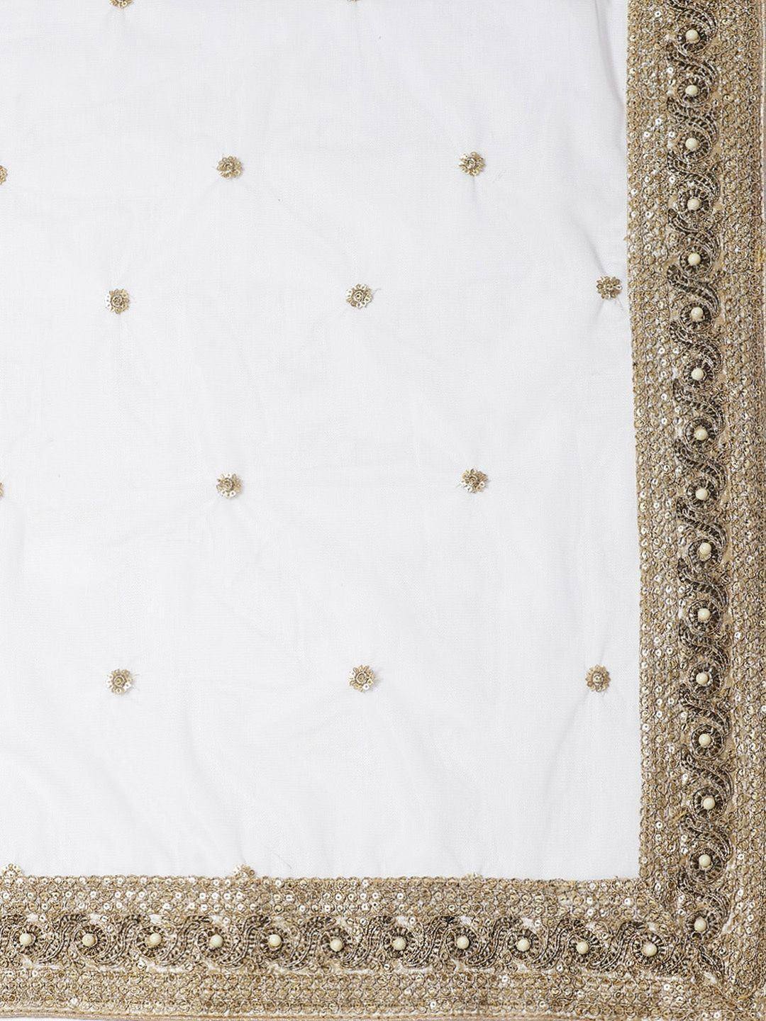 White ethnic dupatta with gold floral embroidery and ornate border detailing