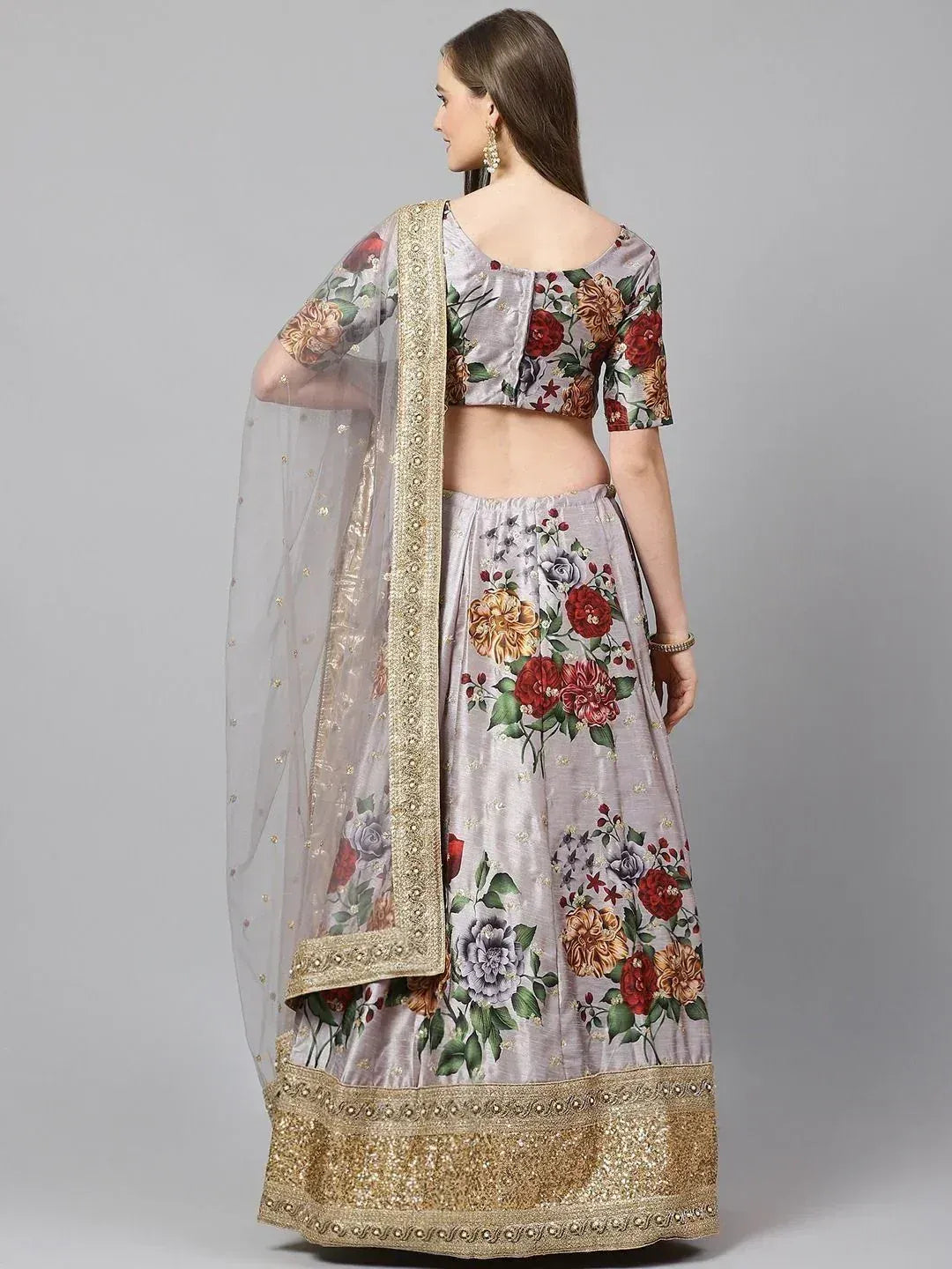 Floral print lehenga choli with gold border and sheer dupatta, Indian ethnic wear for women