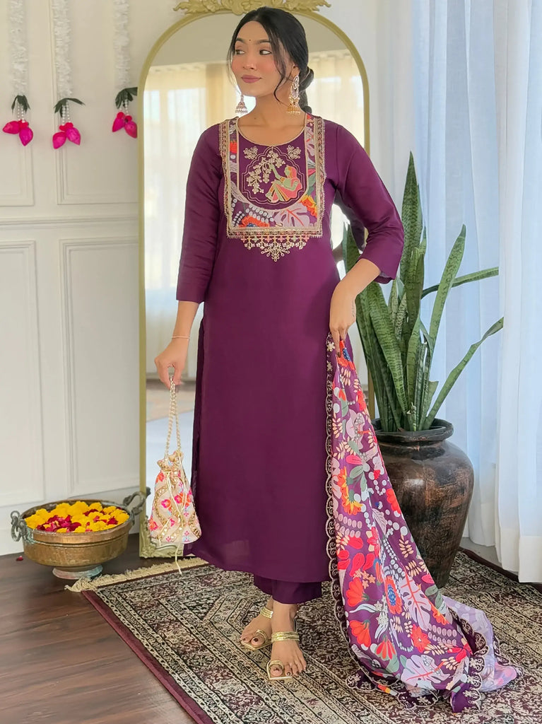 Magnetic Purple Chanderi Festival Wear Pant Suit With Dupatta