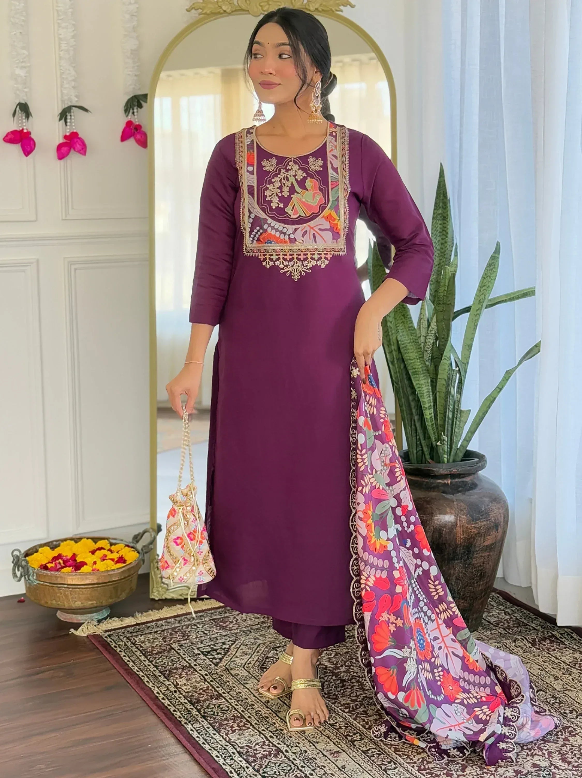 Purple embroidered kurta with floral dupatta, traditional Indian ethnic wear for women