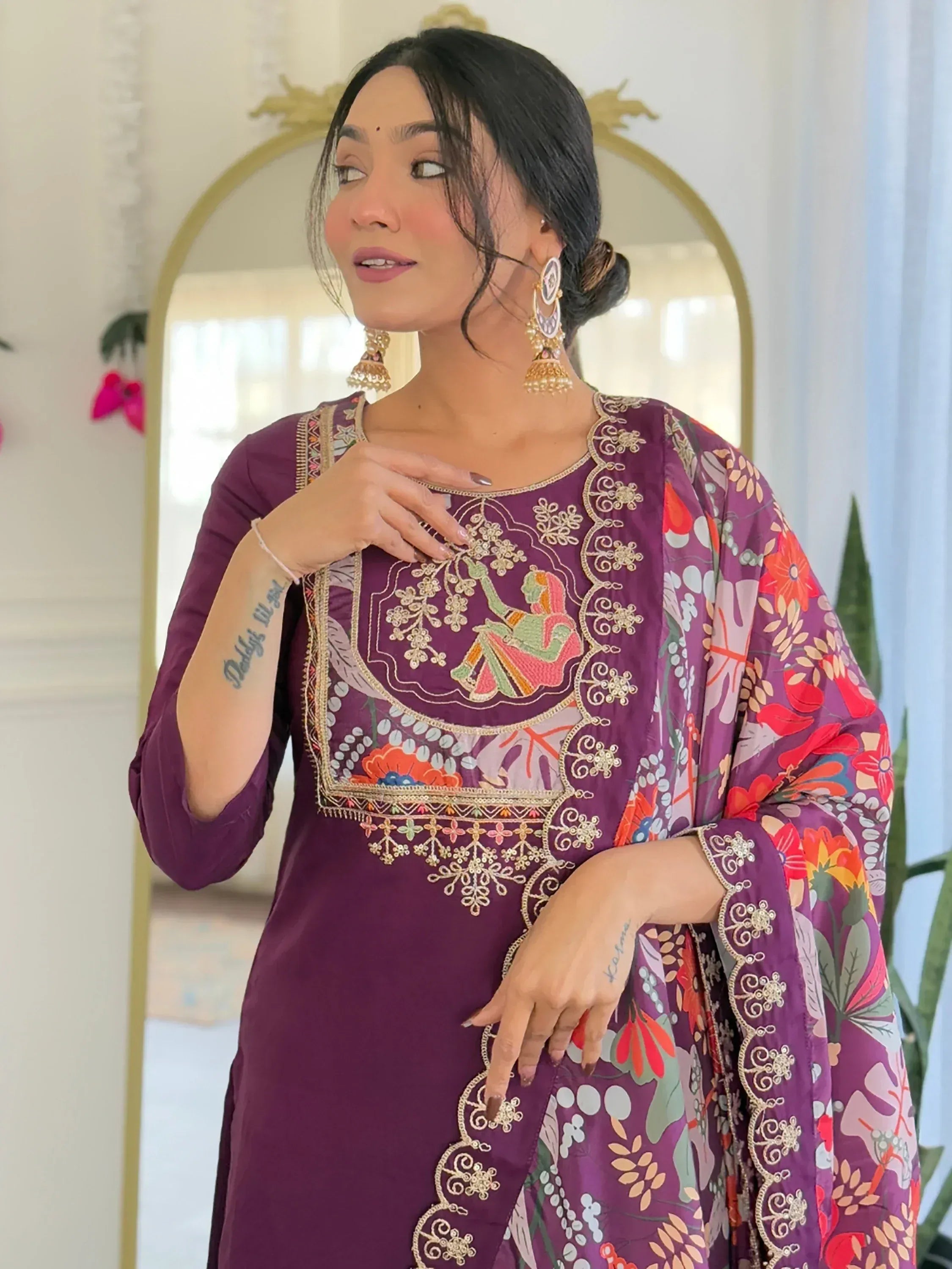 Purple embroidered salwar kameez with floral dupatta, traditional Indian ethnic wear for women