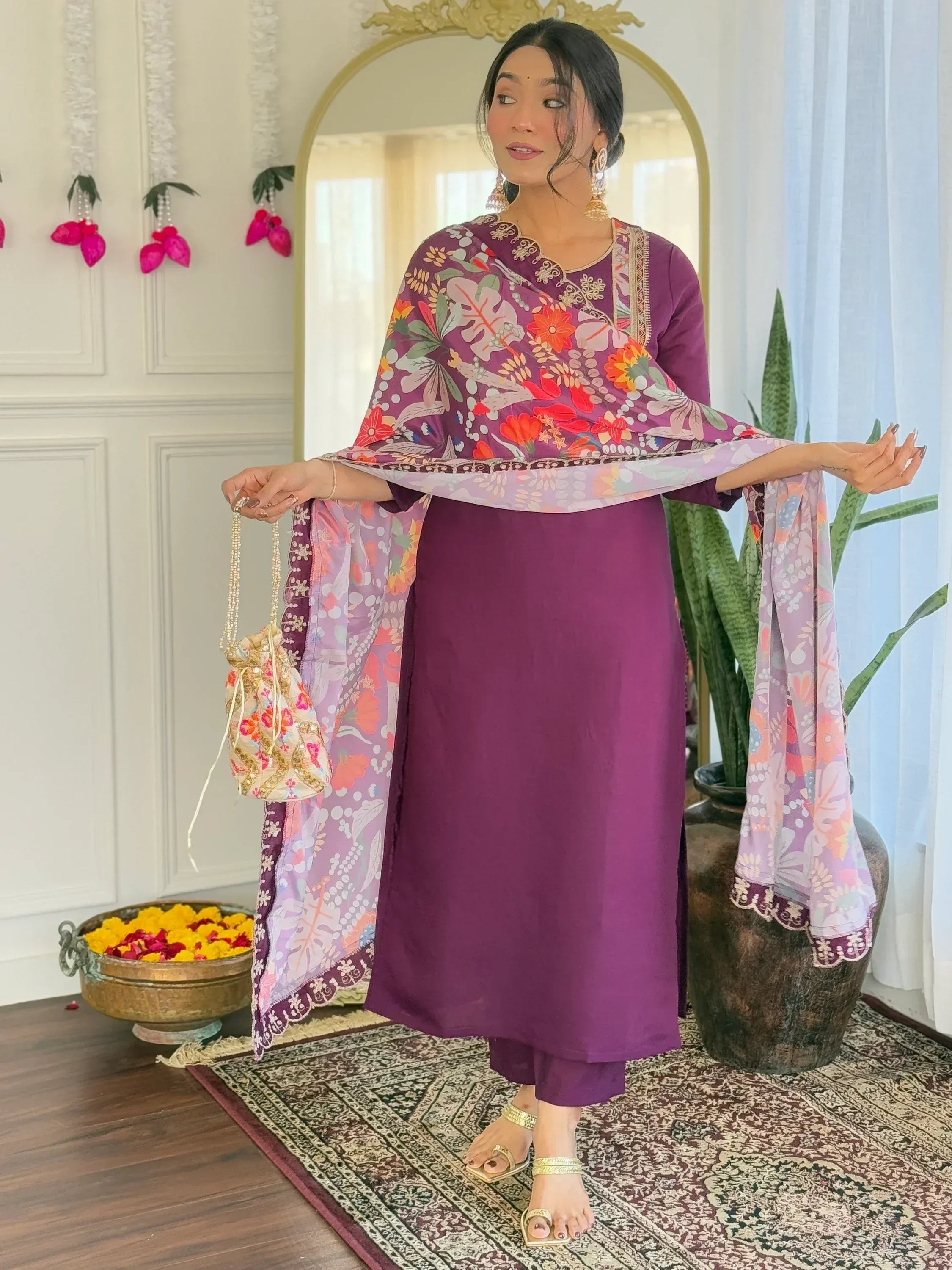 Purple floral print Indian ethnic salwar kameez with matching dupatta, perfect for festive occasions