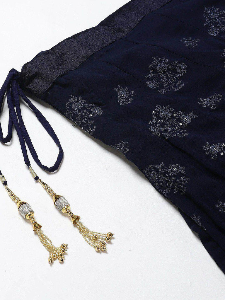 Navy Blue Embroidered Semi-Stitched Myntra Lehenga with Dupatta
