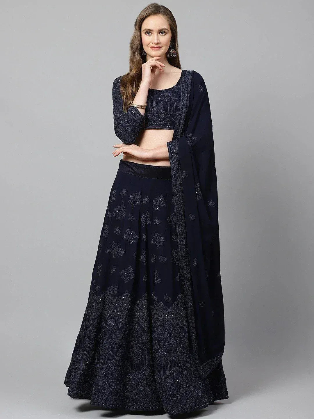 Navy blue embroidered lehenga choli with matching dupatta, Indian ethnic wear for women