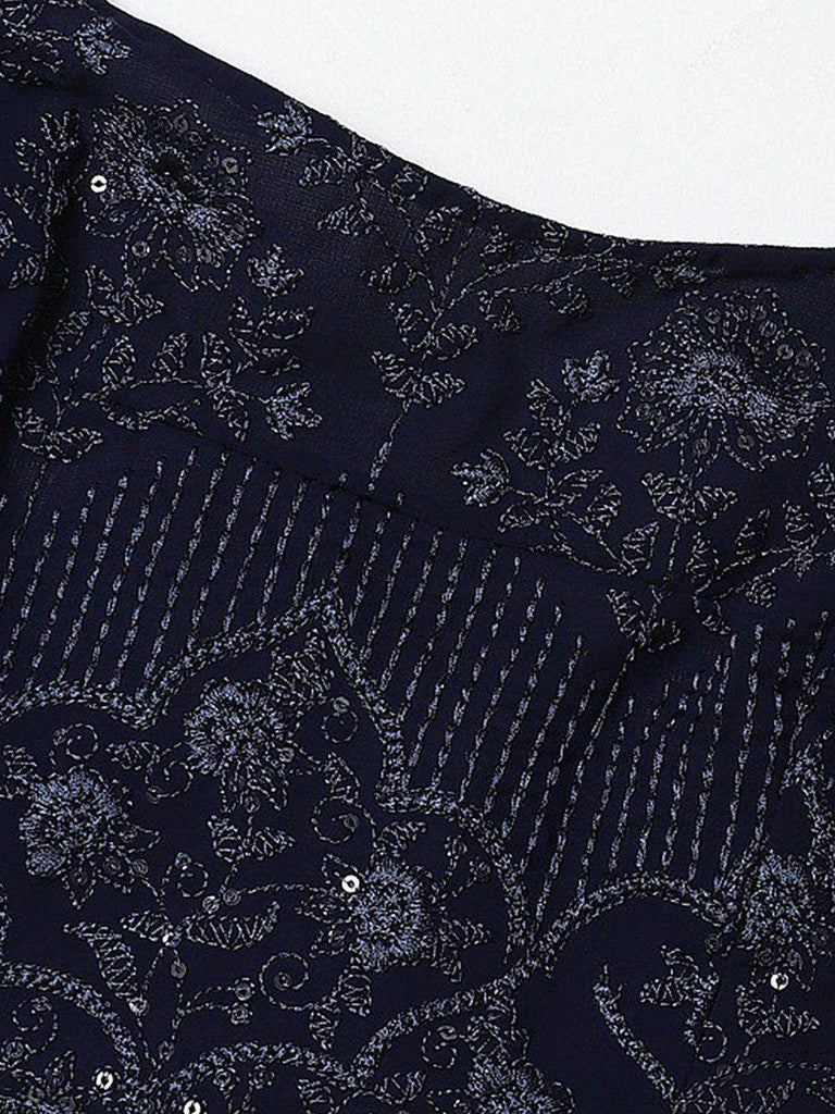 Navy Blue Embroidered Semi-Stitched Myntra Lehenga with Dupatta