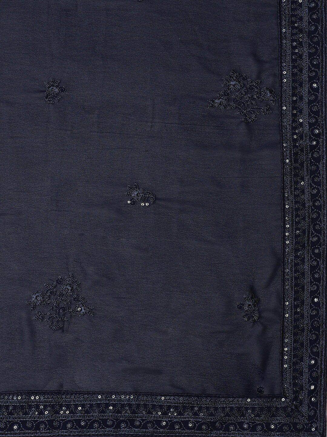 Dark navy ethnic dupatta with floral embroidery and sequin border, perfect for Indian wear