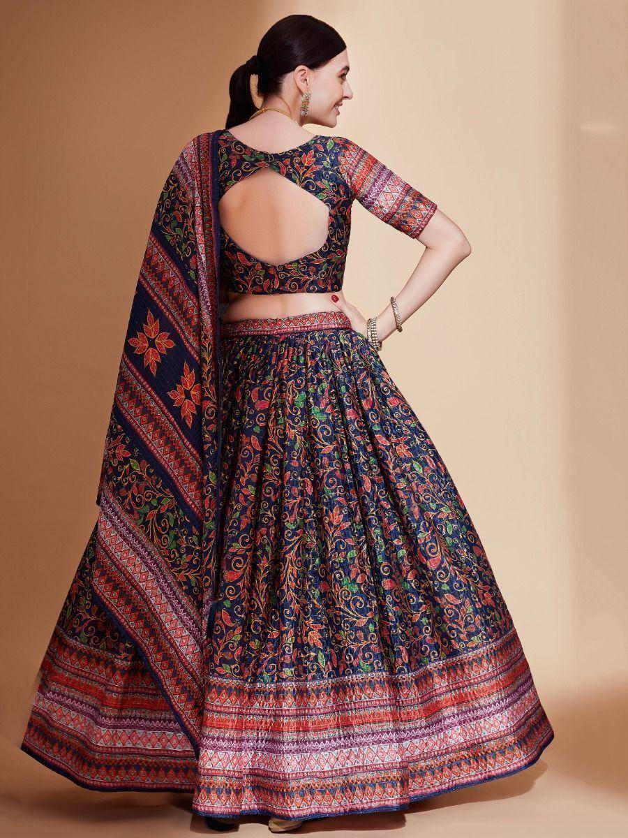 Indian ethnic lehenga choli with floral print, backless blouse, and dupatta for festive occasions