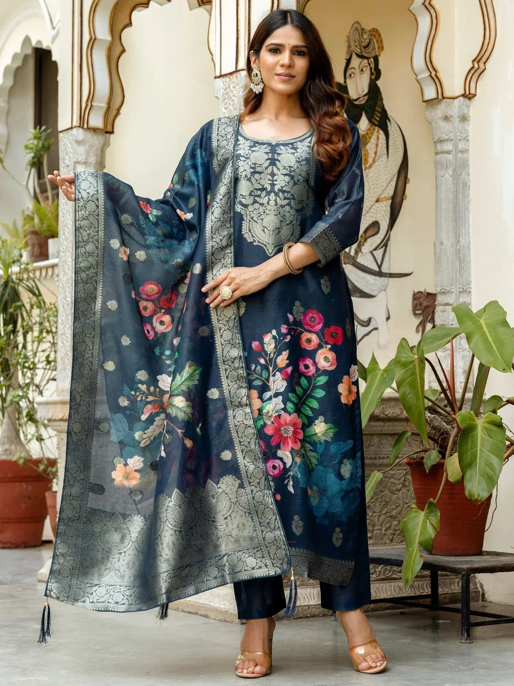 Navy blue floral printed salwar kameez with silver embroidery and matching dupatta, Indian ethnic wear