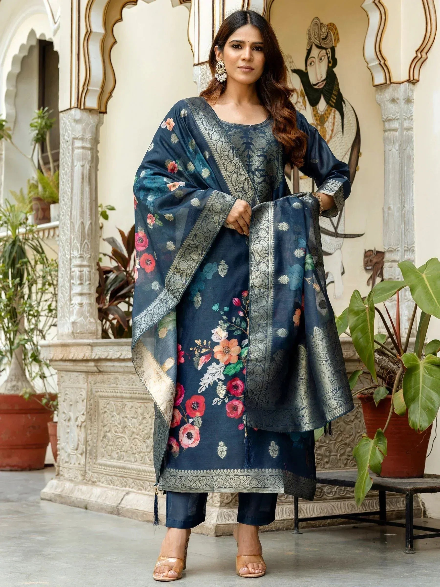 Navy blue floral printed salwar kameez with embroidered dupatta, Indian ethnic wear