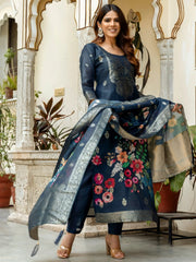 Lavishing Navy Blue Chanderi Floral Printed Festival Wear Pant Suit