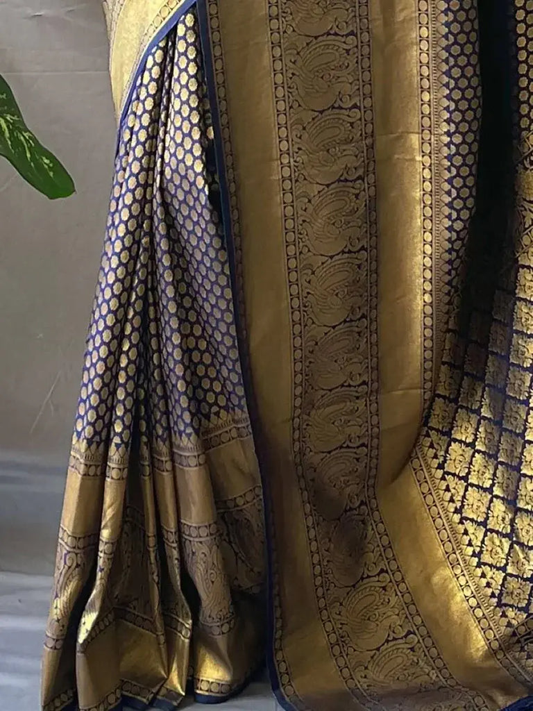 Pretty Navy-Blue Jacquard Kanjeevaram Silk Wedding Saree With Blouse