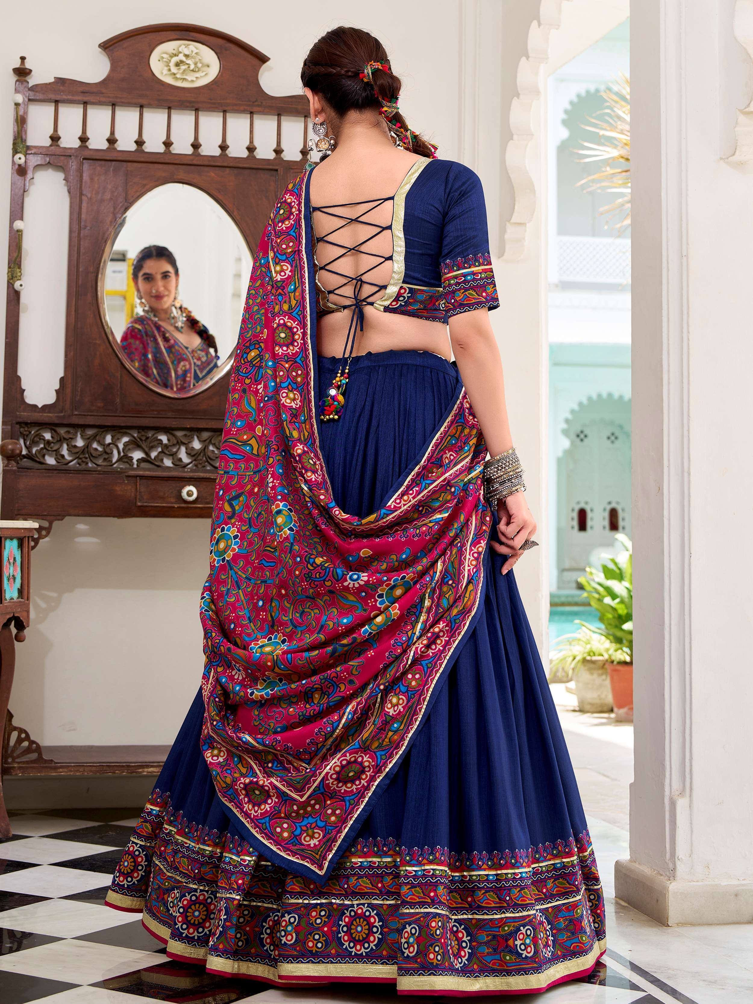 Blue lehenga choli with colorful printed dupatta, back view, ethnic Indian wear