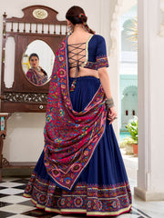 Astonishing Navy Blue Gamthi Print Silk Traditional Lehenga Choli